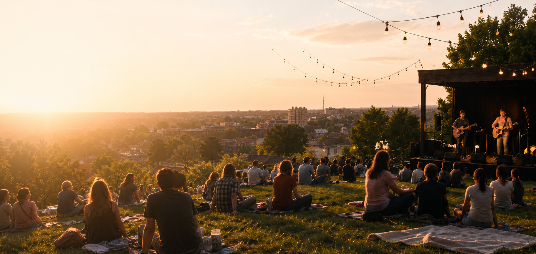 Outdoor sunset concert with people gathered on a grassy hill overlooking a town