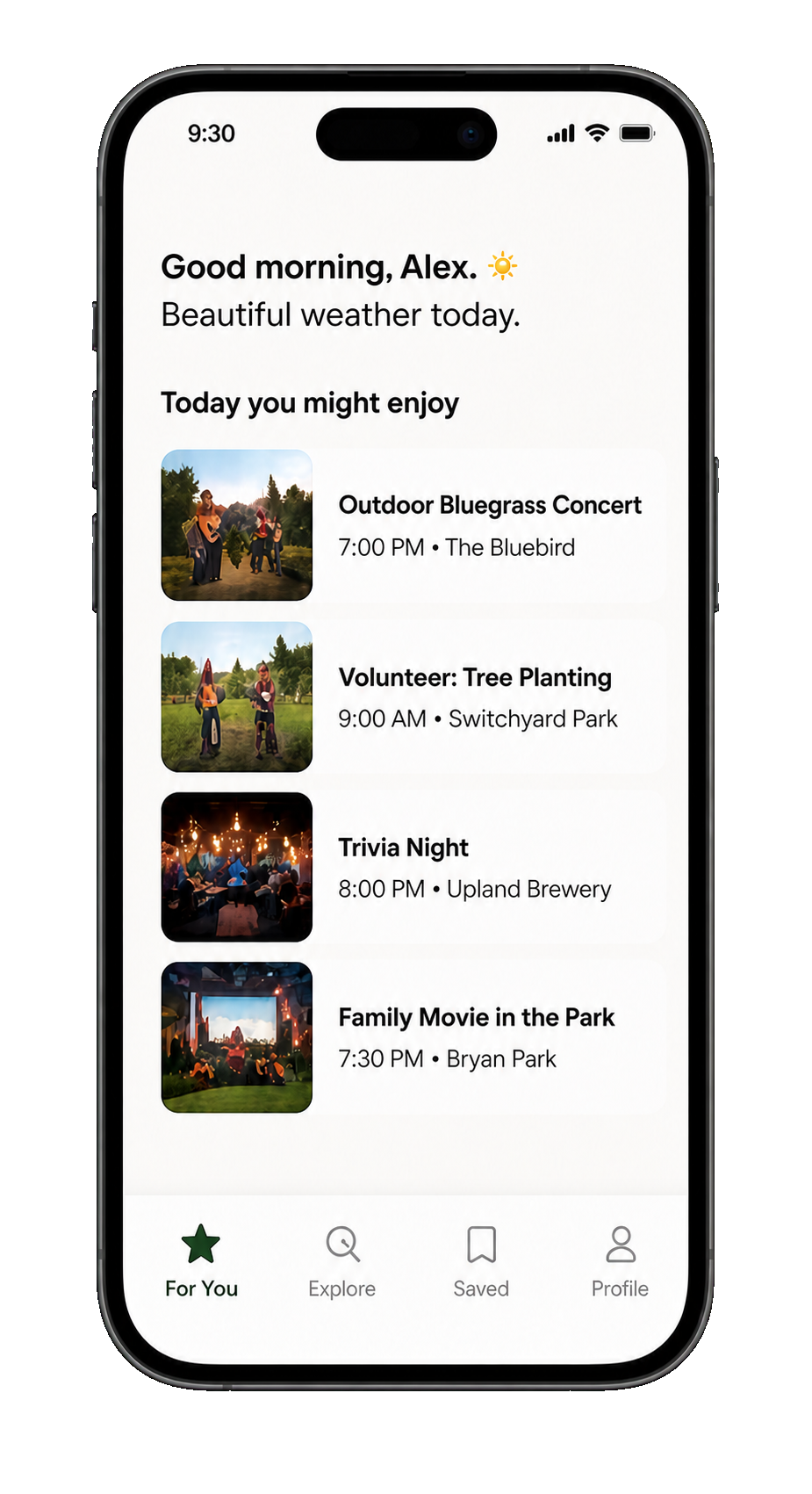 Gather app preview showing personalized event recommendations