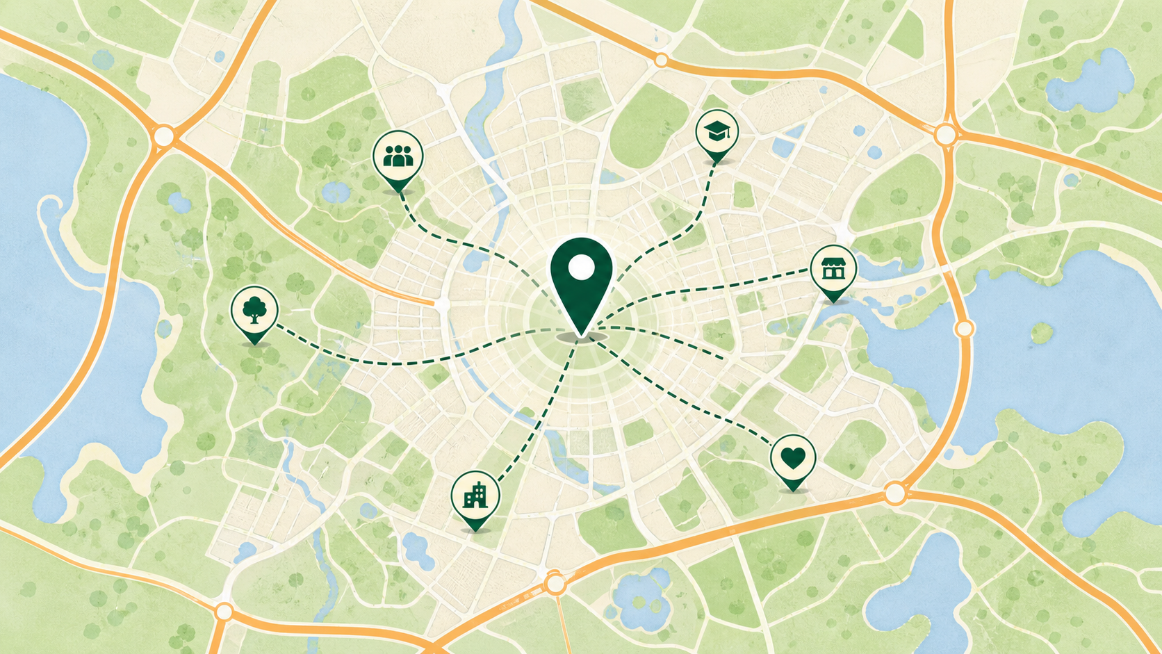 Illustrated launch city map with local source markers connected to a central pin