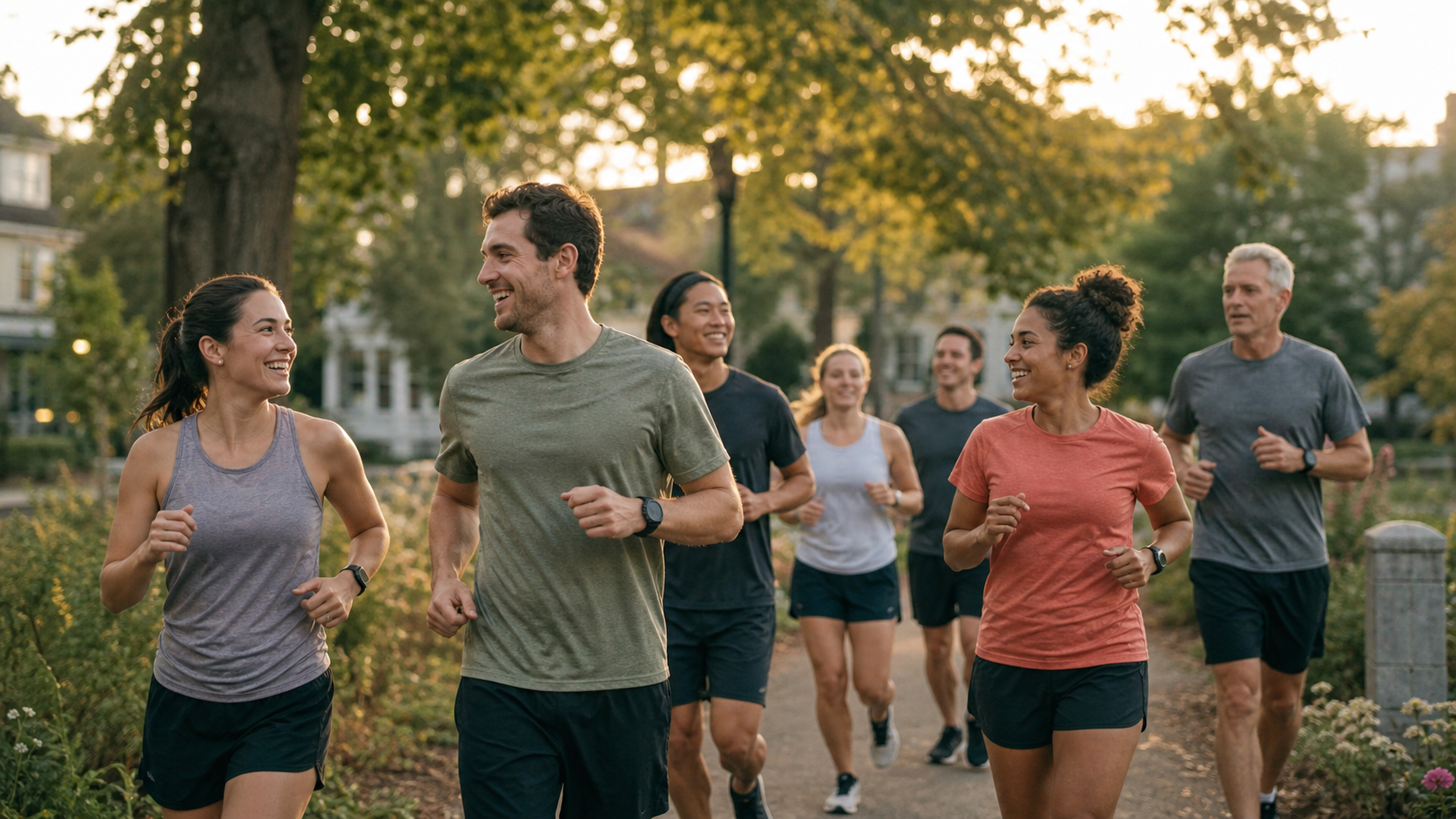 Local running club jogging together through a neighborhood park