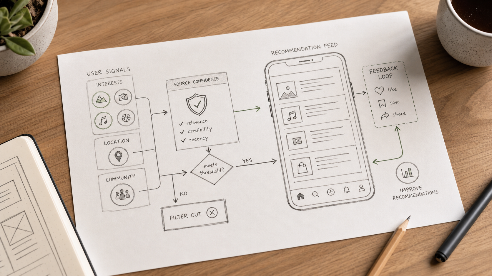 Hand-drawn recommendation reasoning flow from user signals to a personalized feed